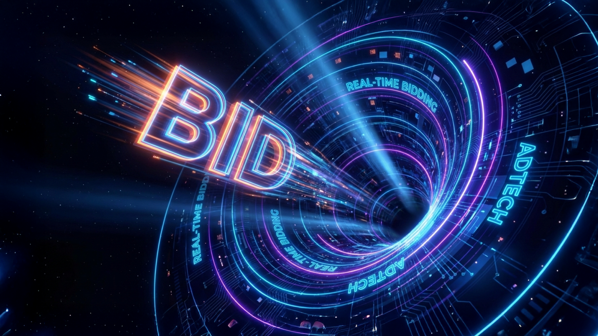 Neon “BID” text entering a digital real-time bidding tunnel representing RTB inefficiencies in programmatic advertising.