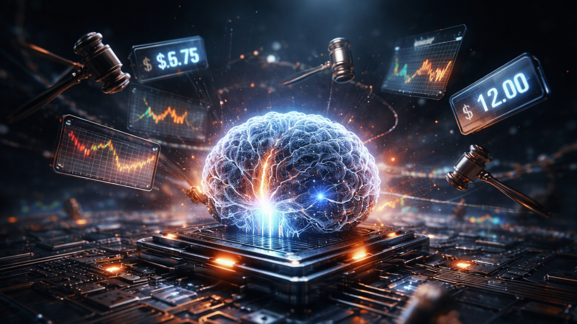 AI-powered brain analyzing bid floor prices and auction data in programmatic advertising, illustrating DSP performance optimization.